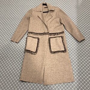 WORN 3 times! Like New. Light Heather Gray & Charcoal Gray Fringe Sweater Coat